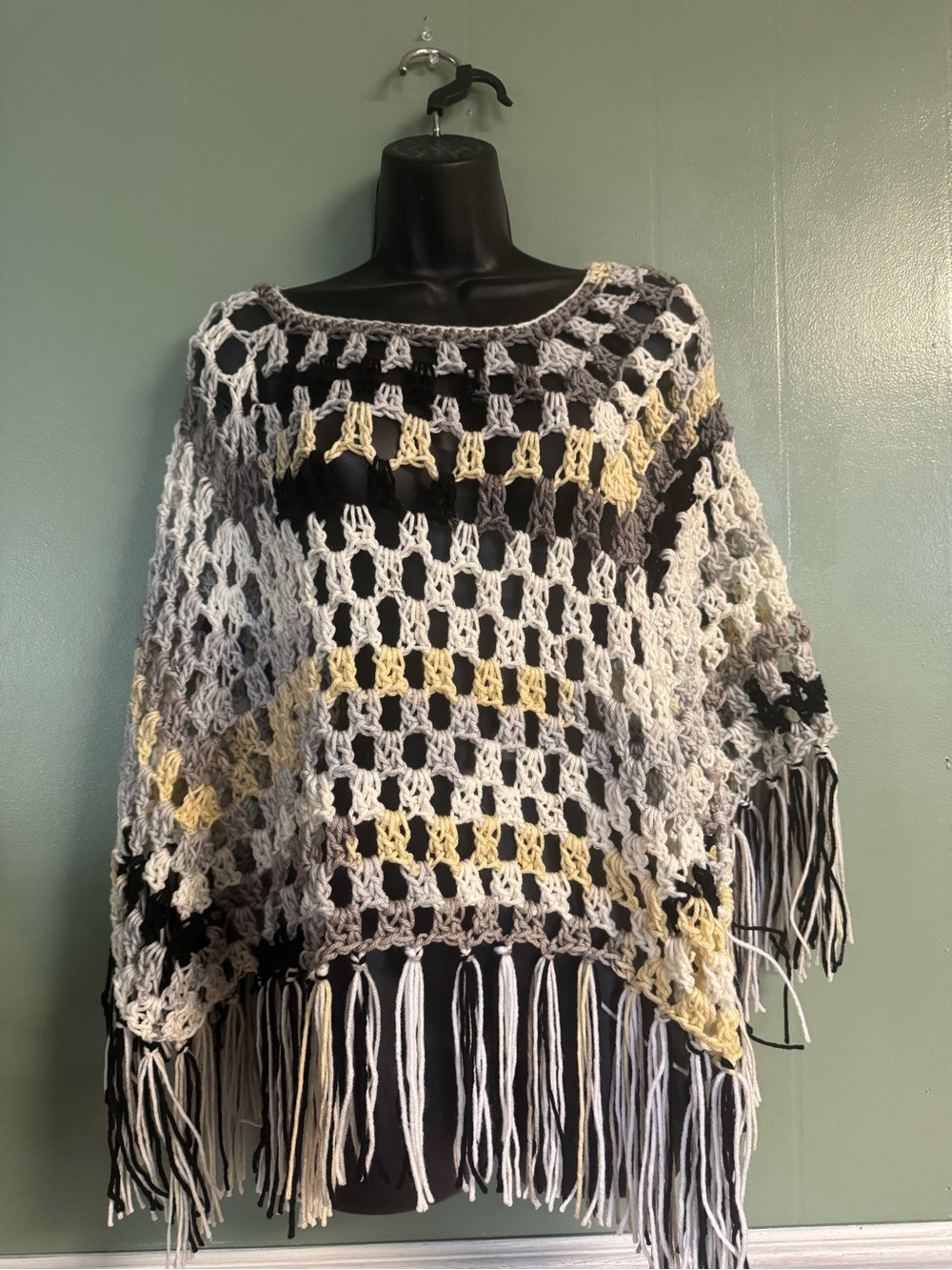 Open Knit Fringe Poncho Sweater in Black, White & Yellow